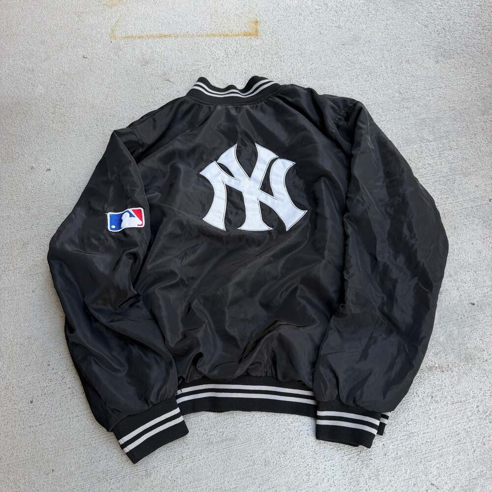 New York Yankees MLB Black Satin Bomber Varsity Jacket Embroidered Script Logo